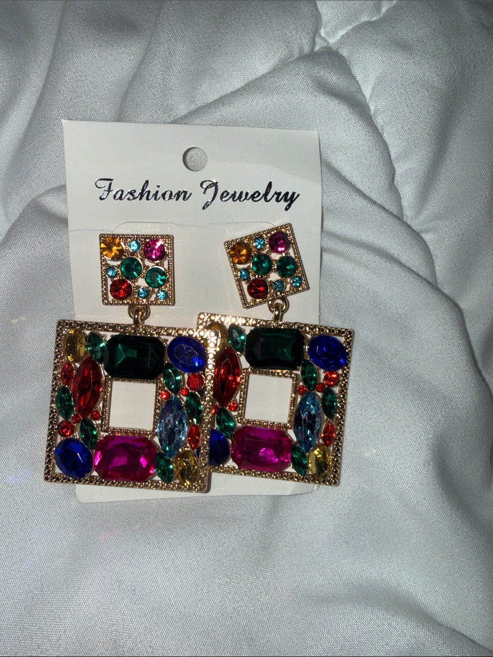 Fashion Jewelry Gold-Tone Multicolor Gem Square Drop Earrings